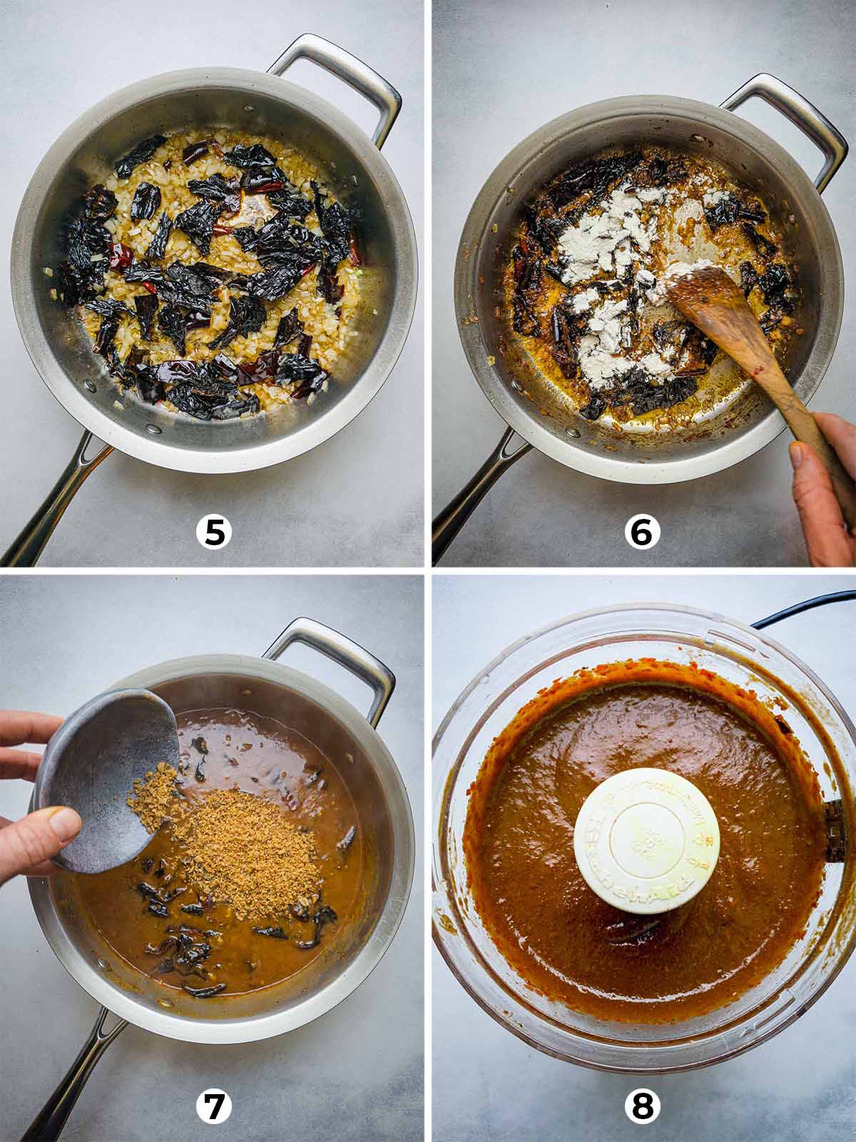Steps 5 - 8 of making the red enchilada sauce including, toasting the chilies and spices, deglazing with chicken stock, adding the crispy chicken skin, and blending.